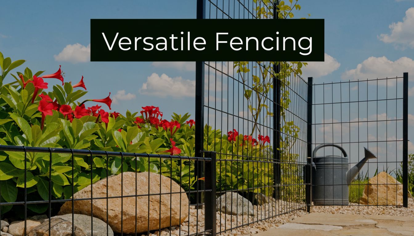 A modern black welded wire fence garden screen surrounded by vibrant red blooming flowers and stones.