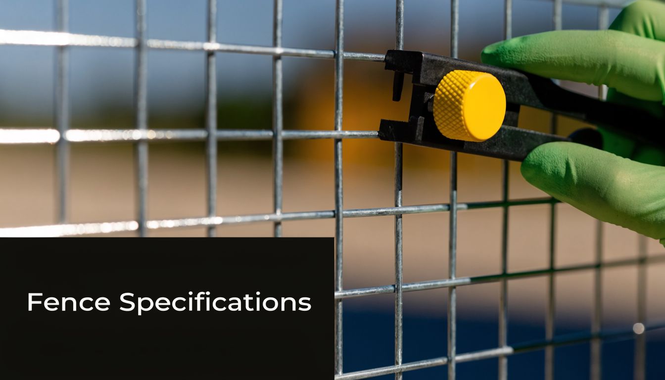 A close-up view of a gloved hand using a tool to measure welded wire fence material.