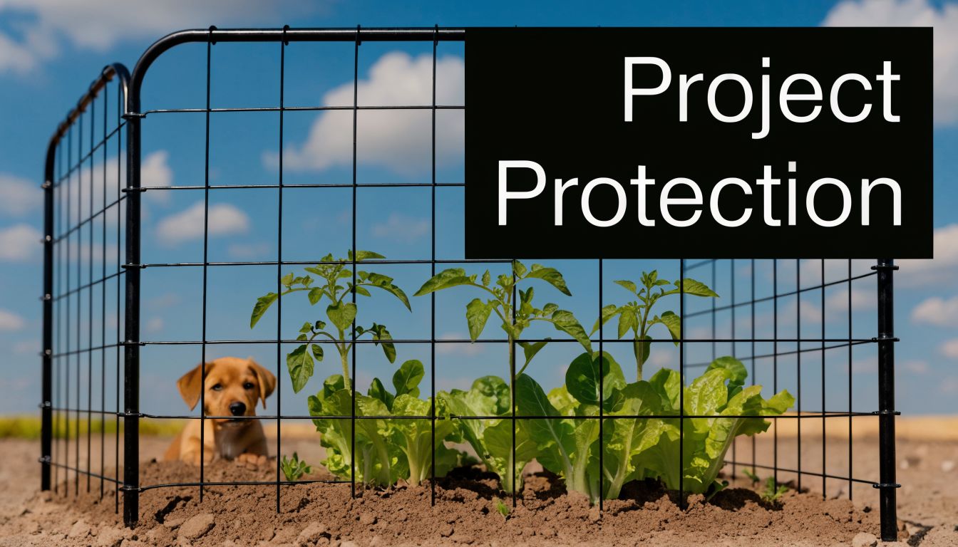 A small brown puppy resting behind a black welded wire fence protecting a garden with green plants.