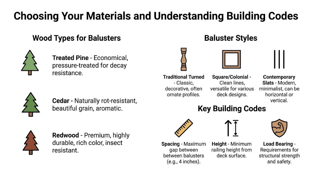 An infographic showing wood types, baluster styles, and key building codes for deck railing projects.