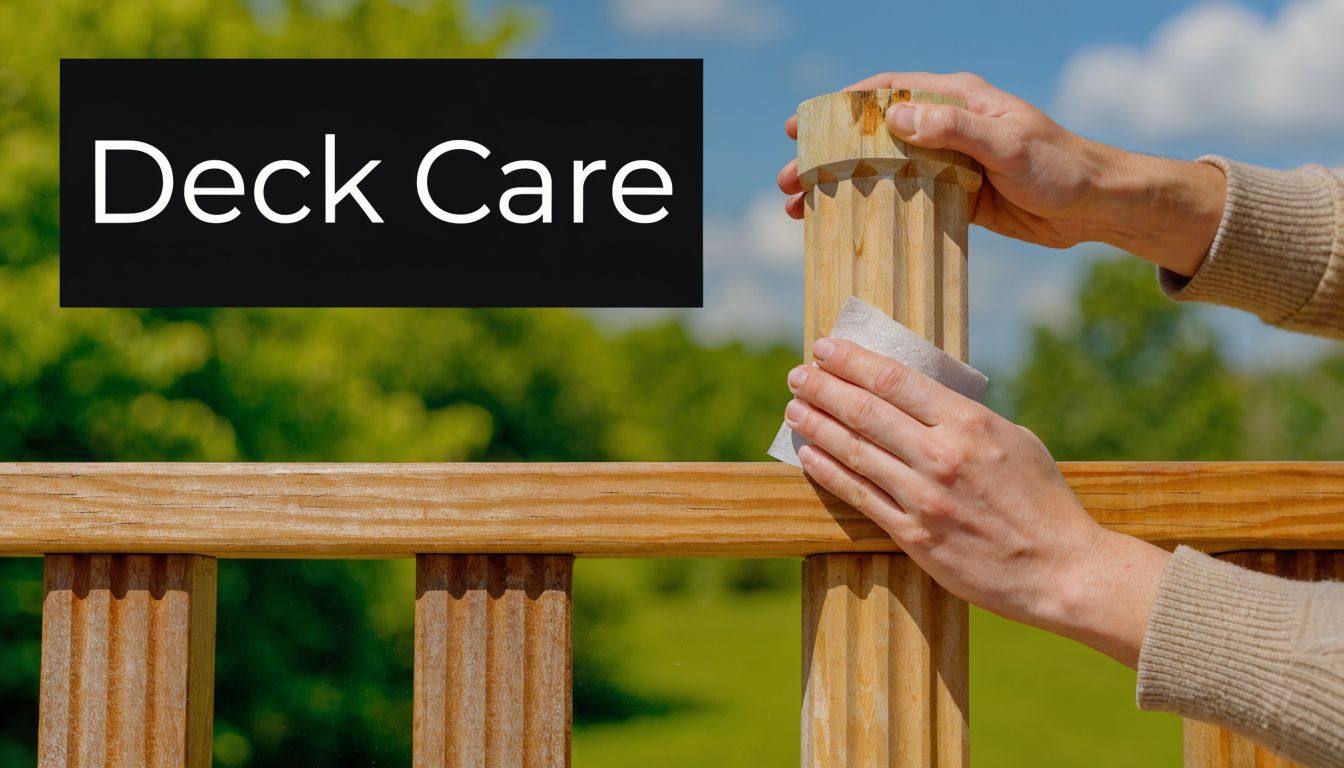 A pair of hands sanding a wooden baluster on an outdoor deck railing for maintenance.