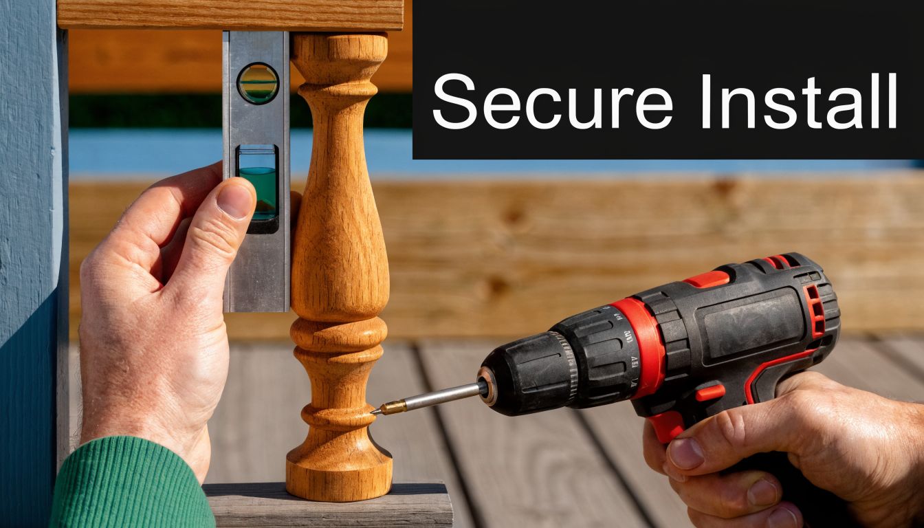 A person uses a spirit level and power drill to install wooden balusters for a deck railing.
