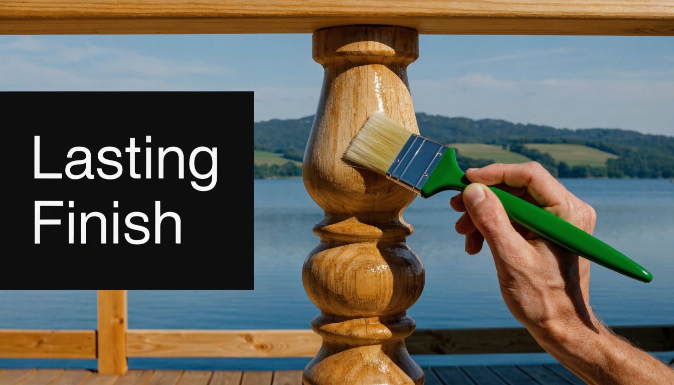 A hand using a paintbrush to apply a clear wood finish onto a wooden baluster on a deck.