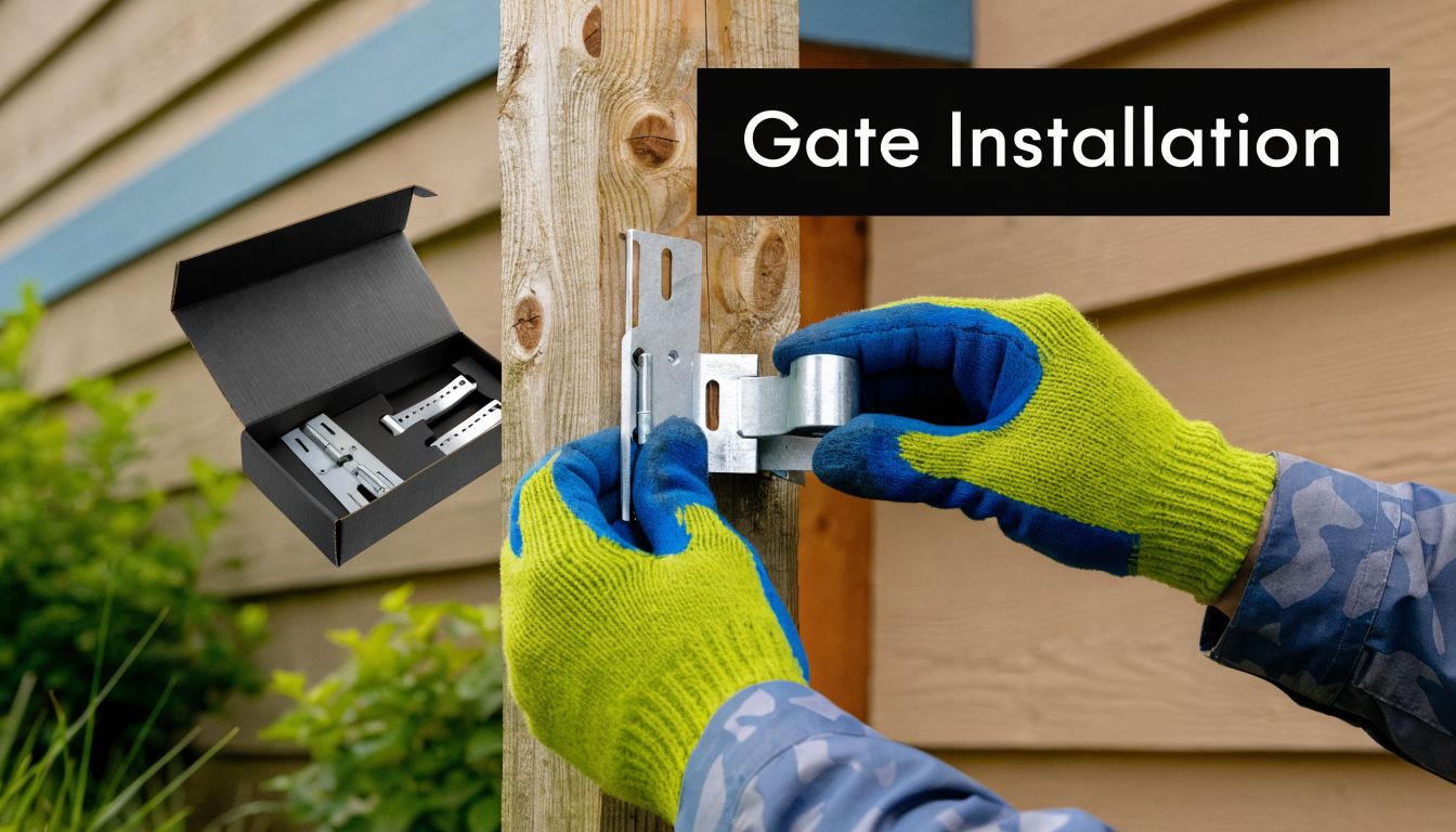 A pair of gloved hands installing adjustable gate hinges onto a wooden fence post during gate installation.