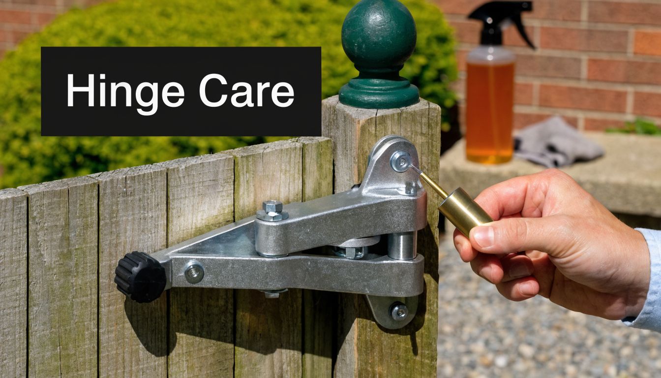 A hand using a small oiler to apply lubricant to an adjustable metal gate hinge