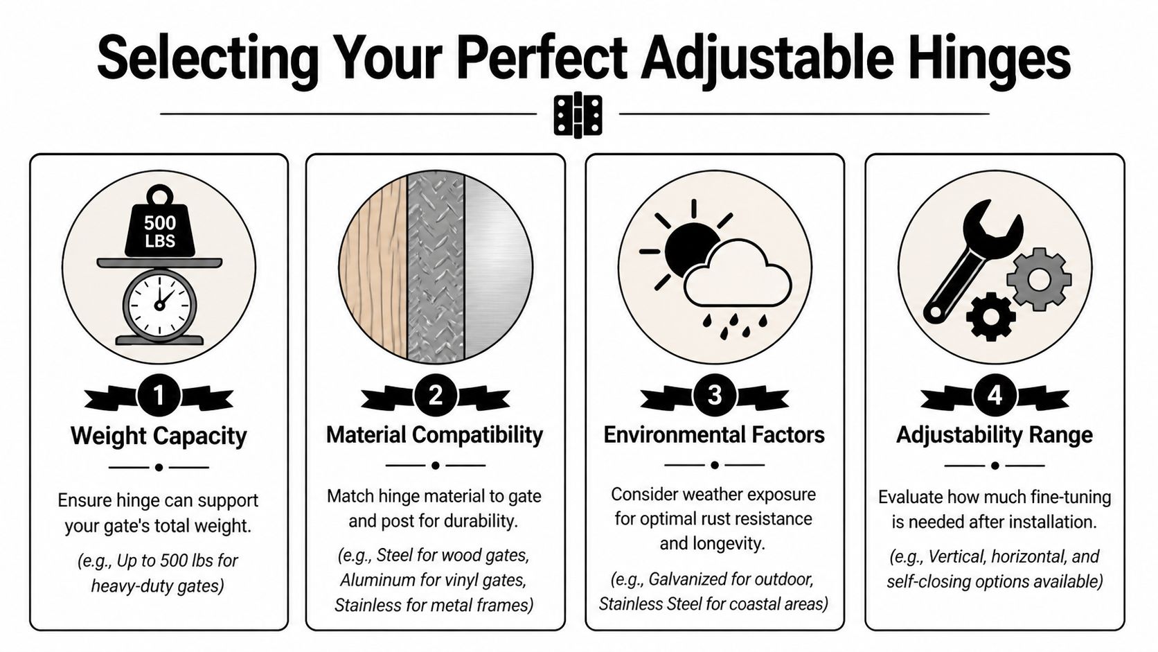 An infographic titled Selecting Your Perfect Adjustable Hinges displaying four key considerations for choosing gate hardware.