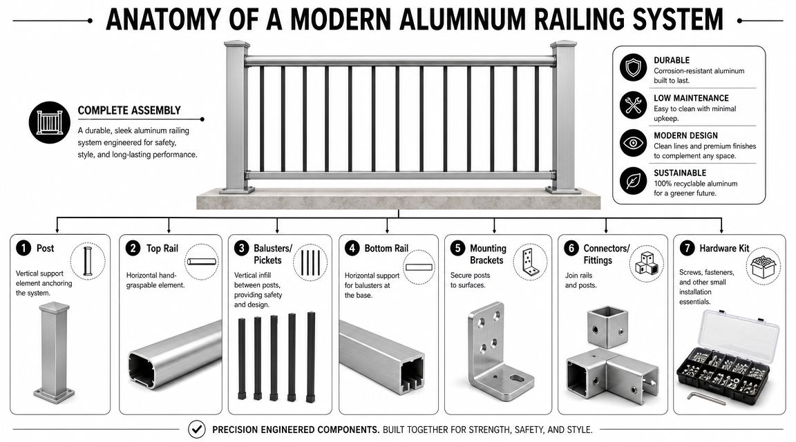 Anatomy diagram of a modern aluminum railing system featuring its numbered components and installation benefits.