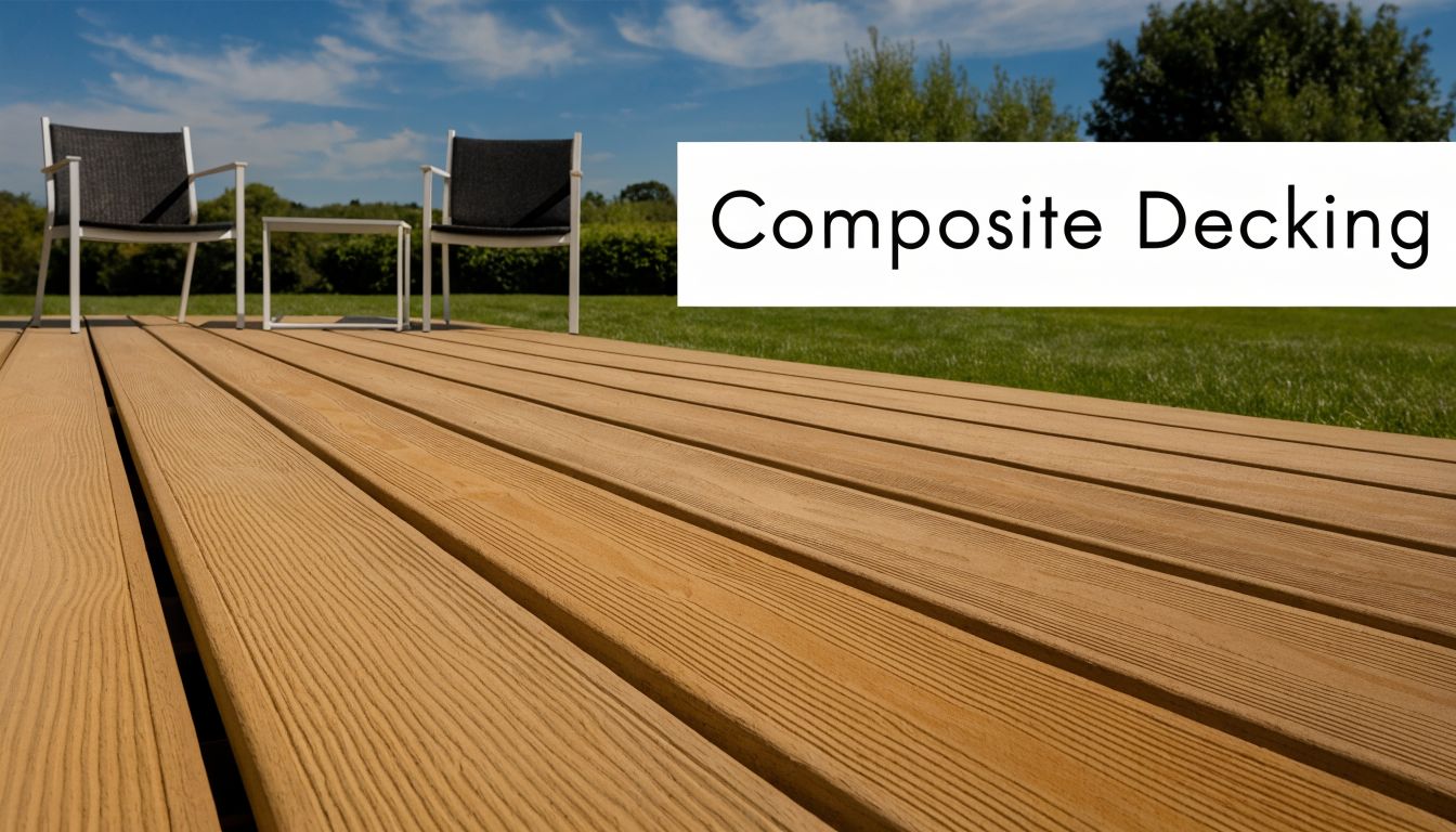 A scenic backyard deck made of light brown composite decking boards with chairs and a table.
