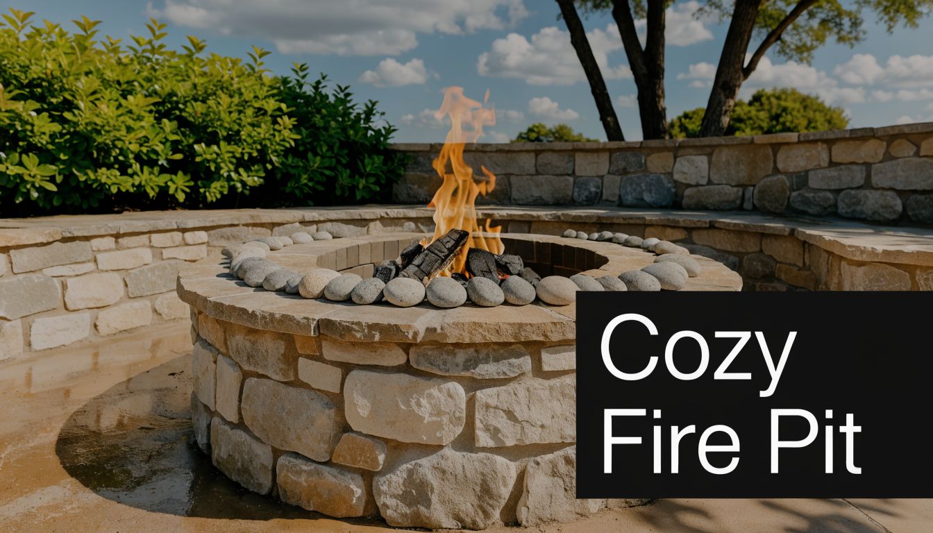 A cozy stone fire pit in a backyard with a glowing fire and a semi-circular stone bench.