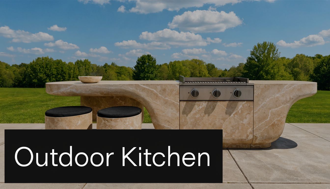 A luxurious stone outdoor kitchen island with integrated grill and seating on a backyard patio.