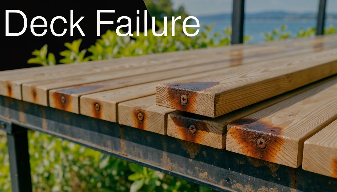 A close-up view of deck boards showing significant corrosion and rust stains around the metal screw heads.