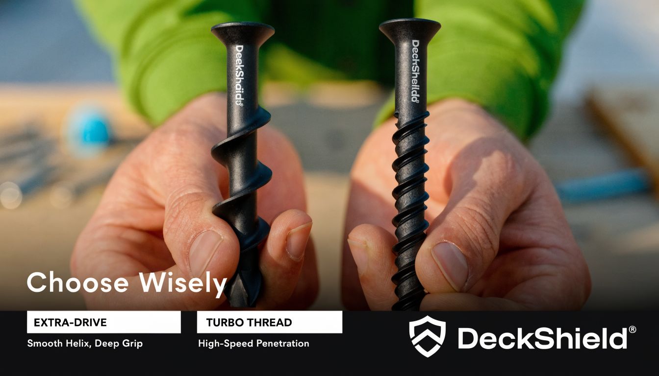 A person holding two types of DeckShield screws, labeled Extra-Drive for grip and Turbo Thread for speed.