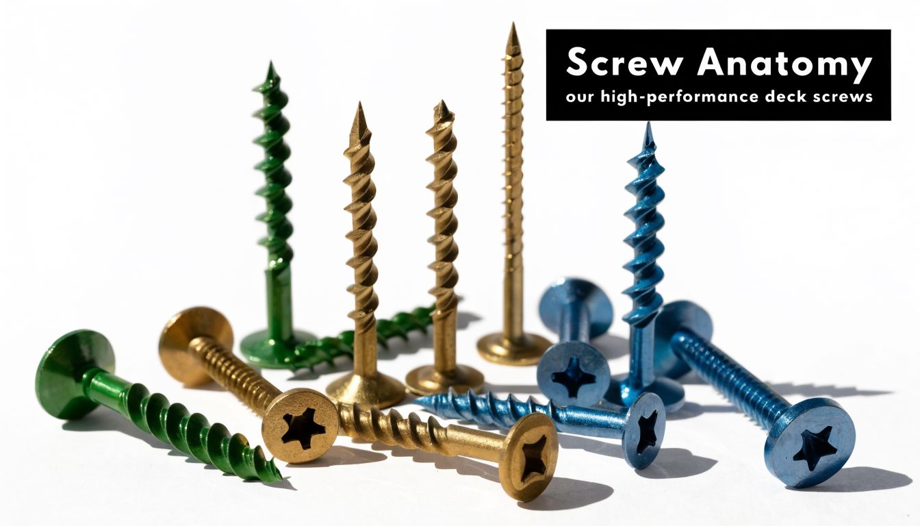 An assortment of colorful high-performance deck screws standing and lying on a white background.