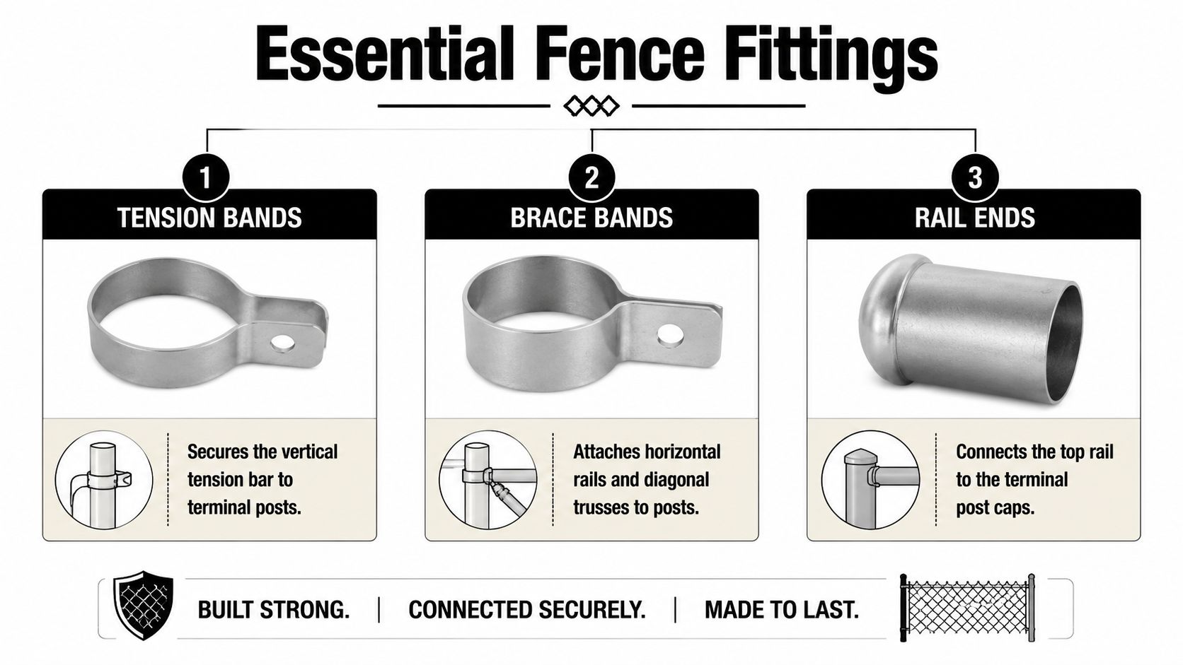 An infographic showing essential chain link fence fittings, including tension bands, brace bands, and rail ends.