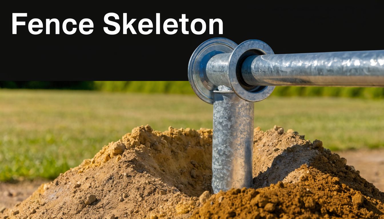 A galvanized steel fence post and rail connector installed in a mound of excavated dirt.