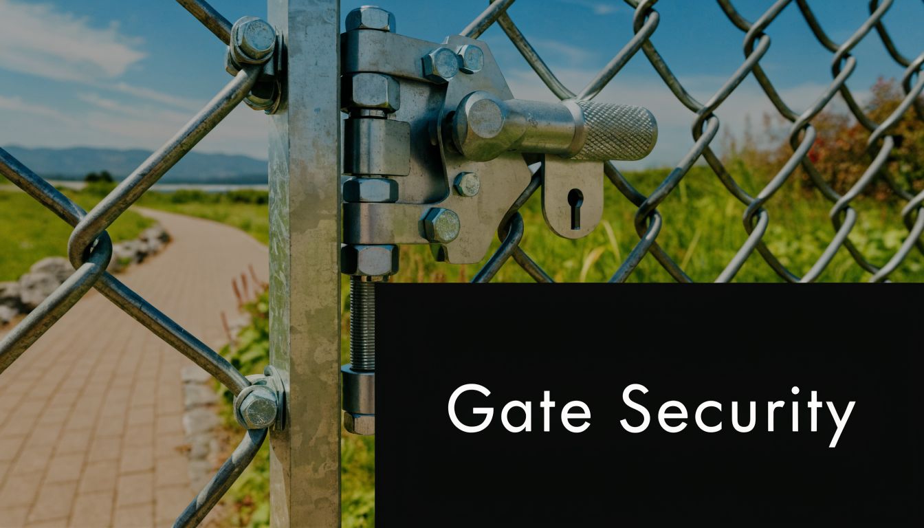 A close-up of metal chain link fence gate hardware featuring a secure locking latch mechanism outdoors.