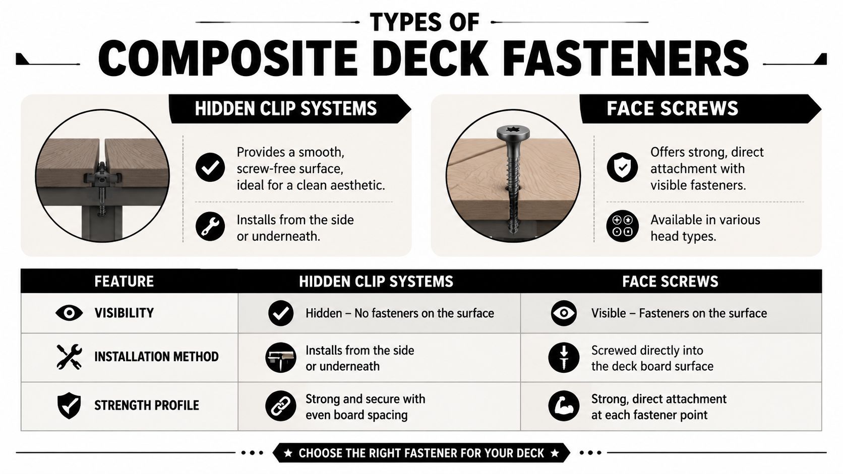 A comparison chart showing the differences between hidden clip systems and face screws for composite deck installation.