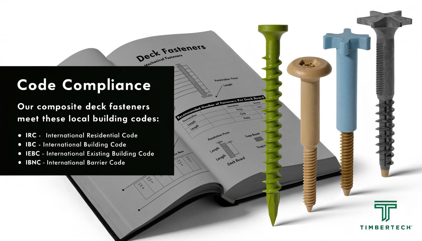 Several TimberTech composite deck fasteners displayed next to an open manual showing code compliance technical data.