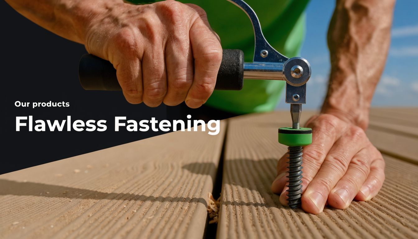 A construction worker uses a specialized hand tool to drive a composite deck fastener into wooden boards.