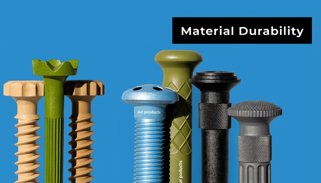 A group of diverse industrial metal fasteners and threaded components displayed against a solid blue background.
