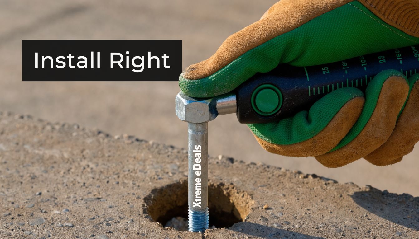 A gloved hand uses a torque wrench to install a concrete anchor bolt into a hole.