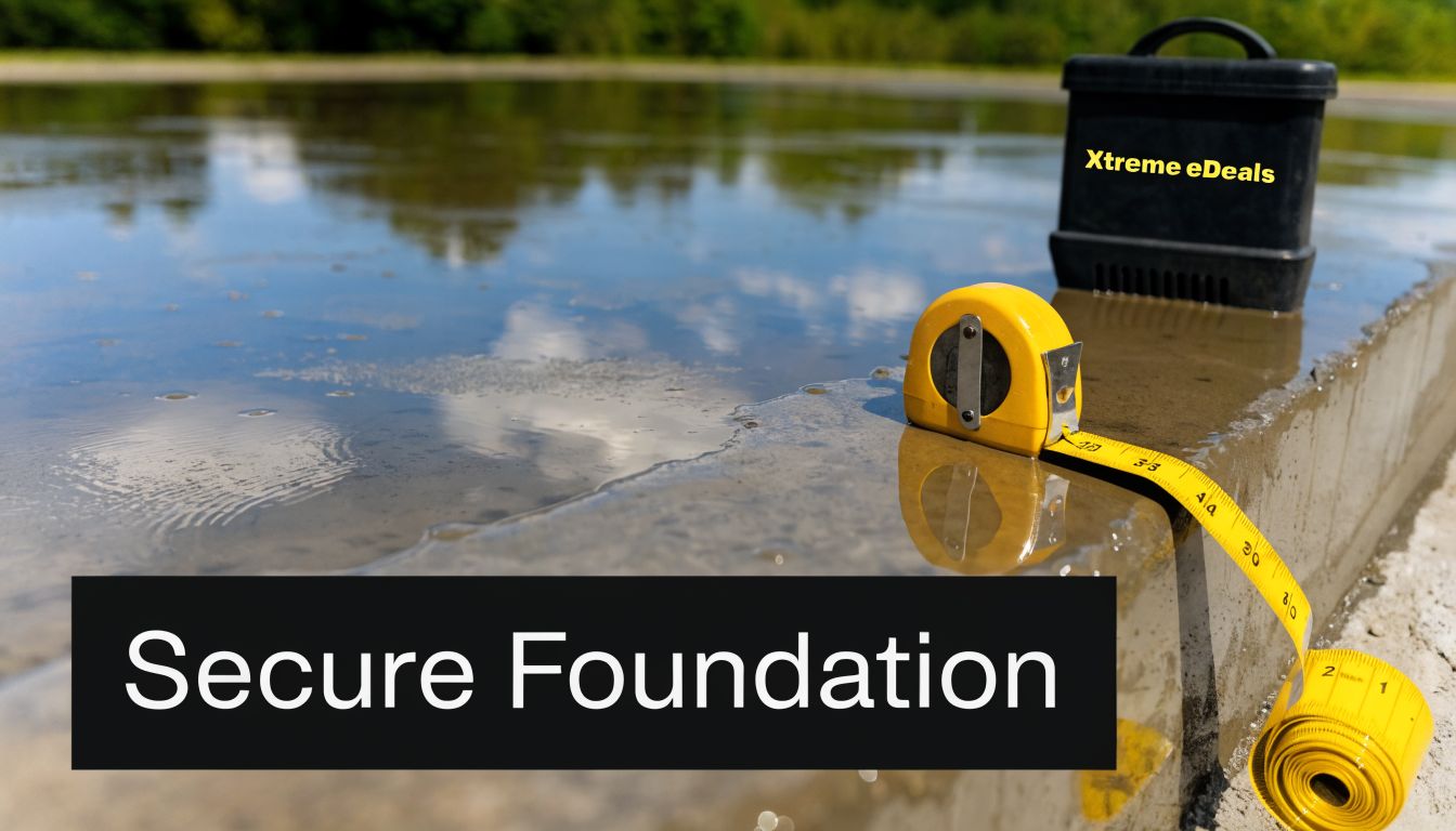A yellow measuring tape sitting on a concrete slab near water with a tool box nearby.