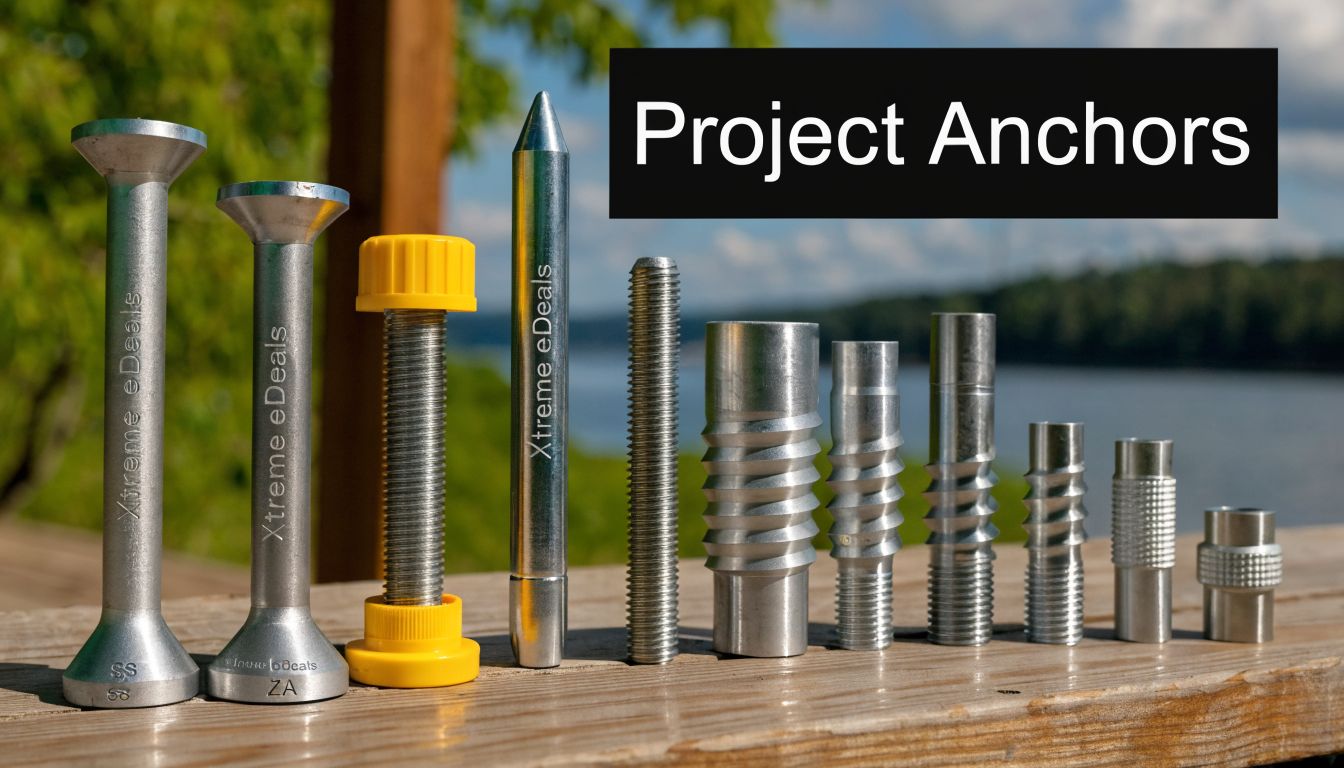 A line of various metal concrete anchor bolts and fasteners arranged on a wooden outdoor surface.