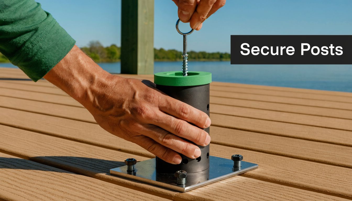 A person installing a black deck railing post base onto a brown wooden surface on a dock.