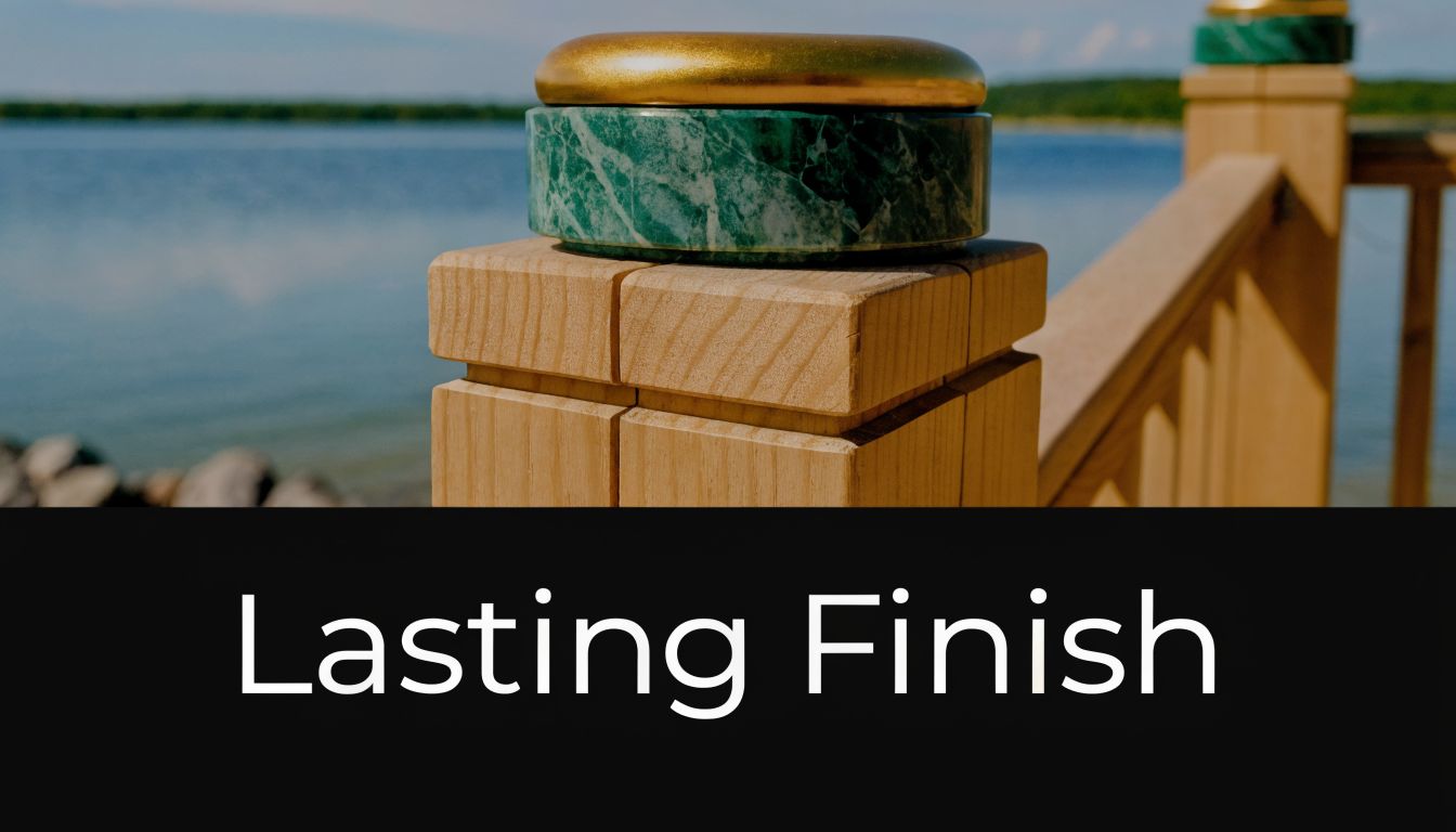 A close-up view of a wooden deck railing post topped with green marble and gold accents.