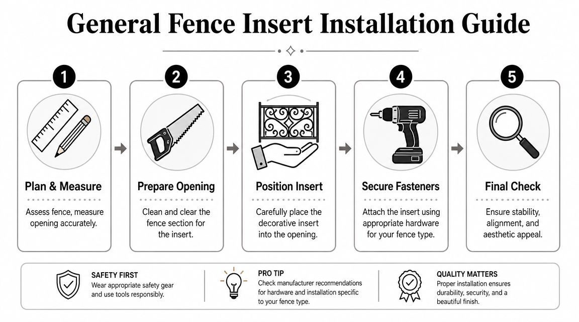 A five-step instructional guide on how to properly install a decorative metal fence insert safely and securely.