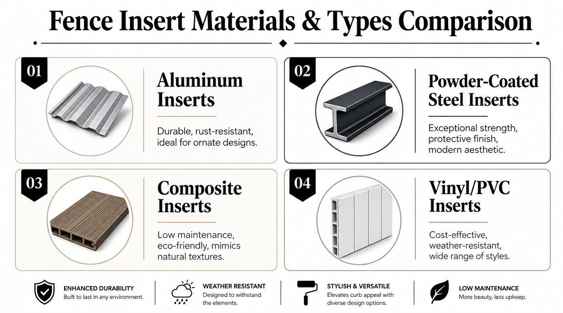 A comparison chart showcasing four different types of fence insert materials including aluminum, steel, composite, and vinyl.
