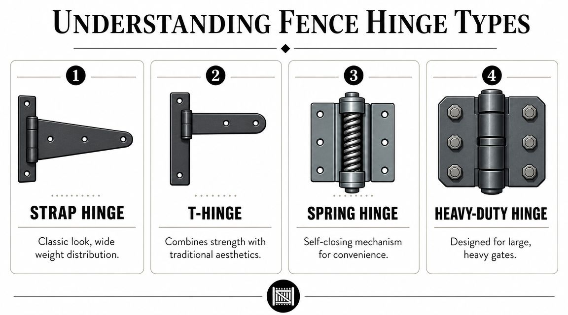 An educational infographic comparing four common types of fence hinges: strap, T, spring, and heavy-duty hinges.