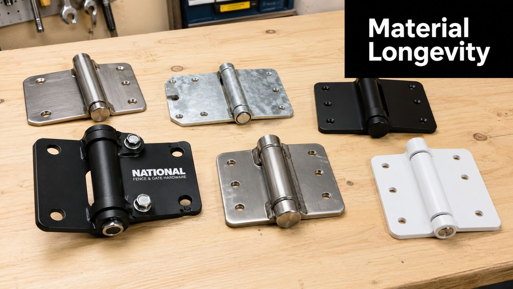 An assortment of various metal fence gate hinges displayed on a wooden workshop table.