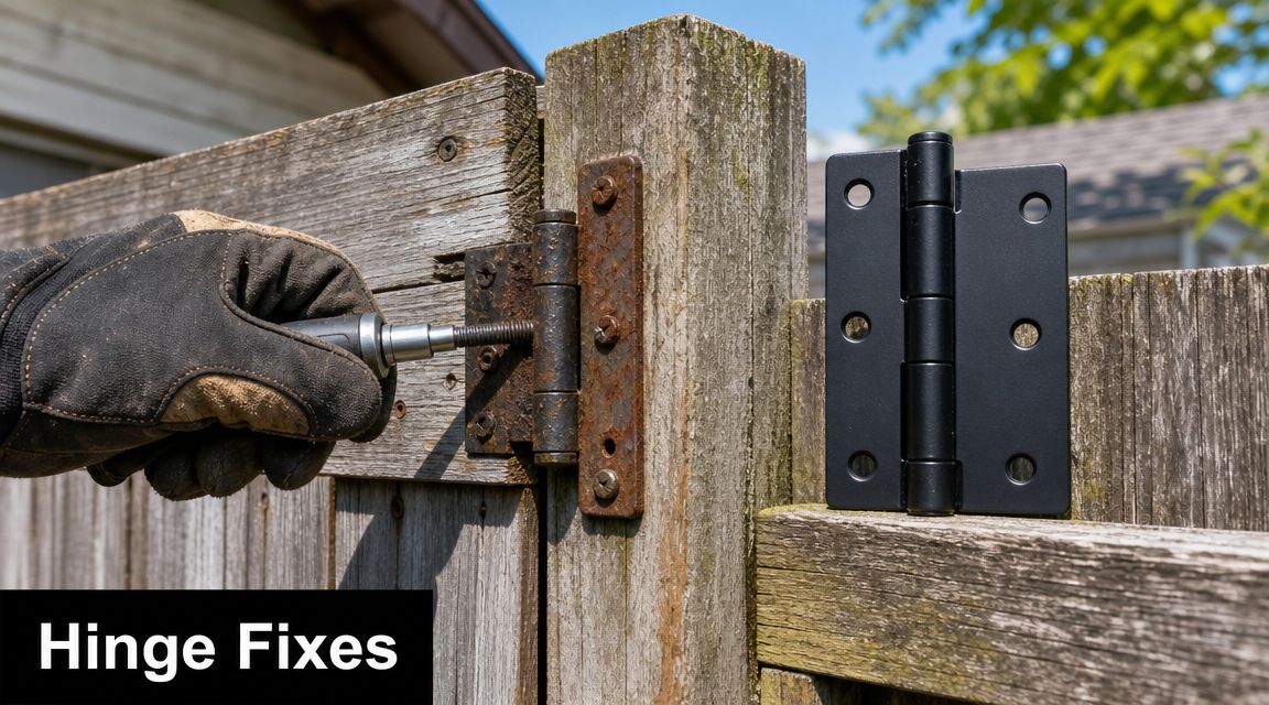 A gloved hand uses a tool to unscrew a rusted hinge from a wooden fence door.