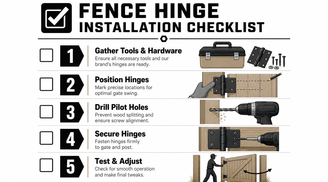 A five-step instructional guide on how to properly install fence hinges on a wooden gate.