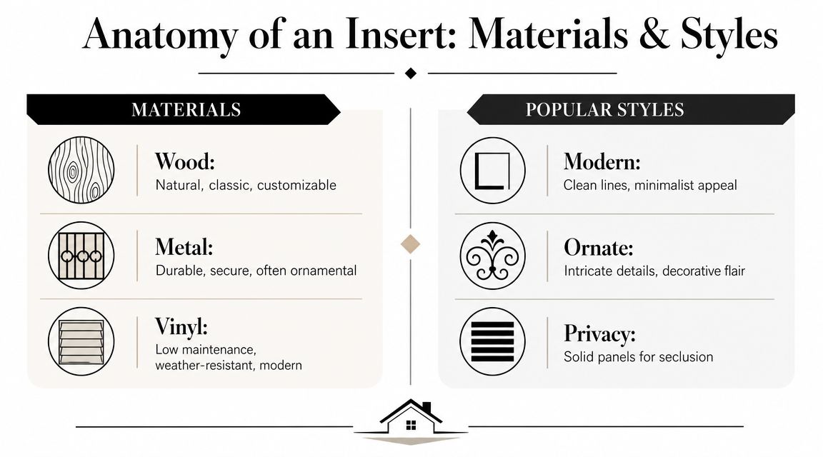 A visual guide explaining various materials and styles for gate inserts including wood, metal, vinyl, modern, ornate, and privacy.
