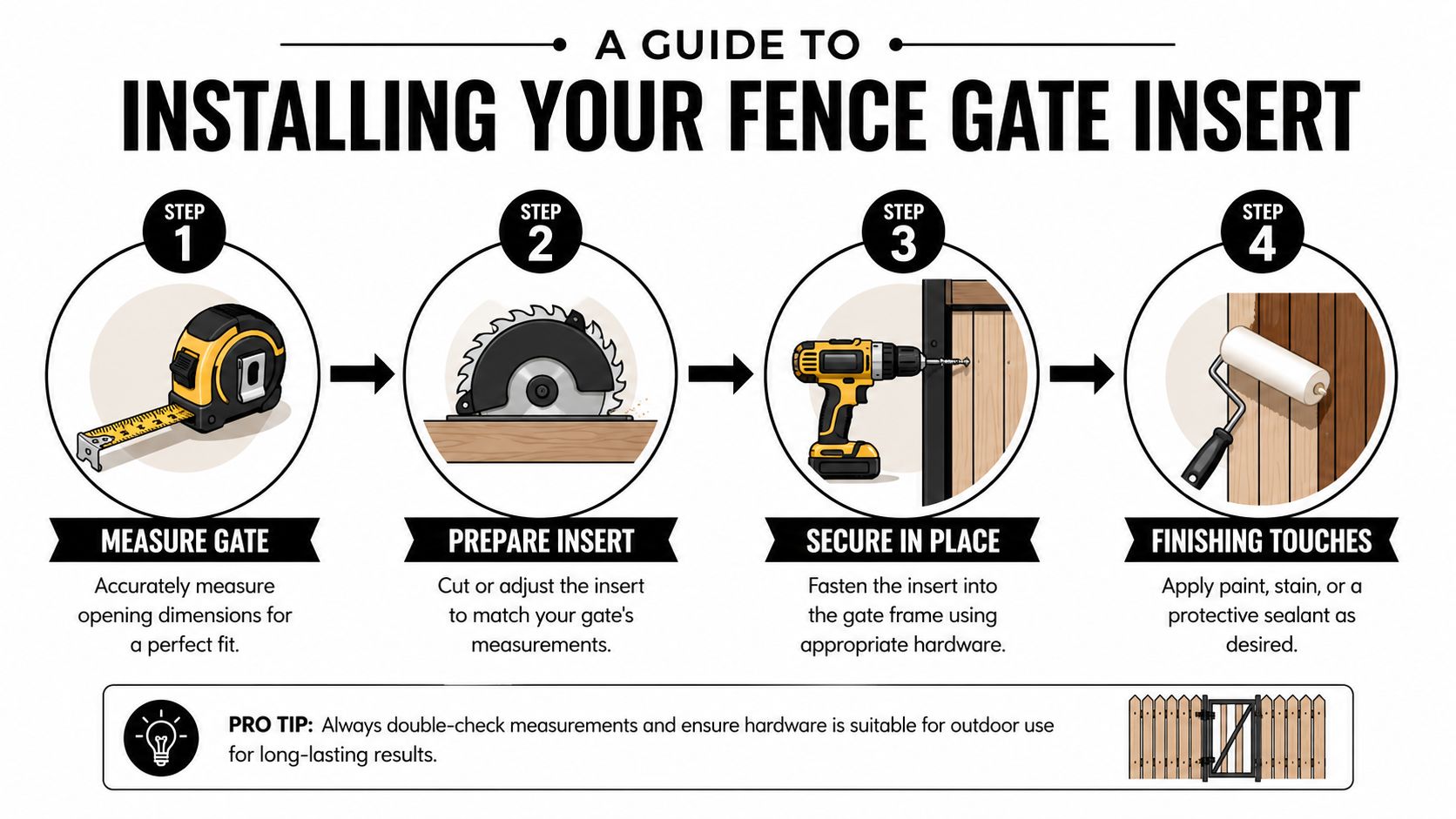 A four-step instructional infographic showing how to install a fence gate insert using standard tools.