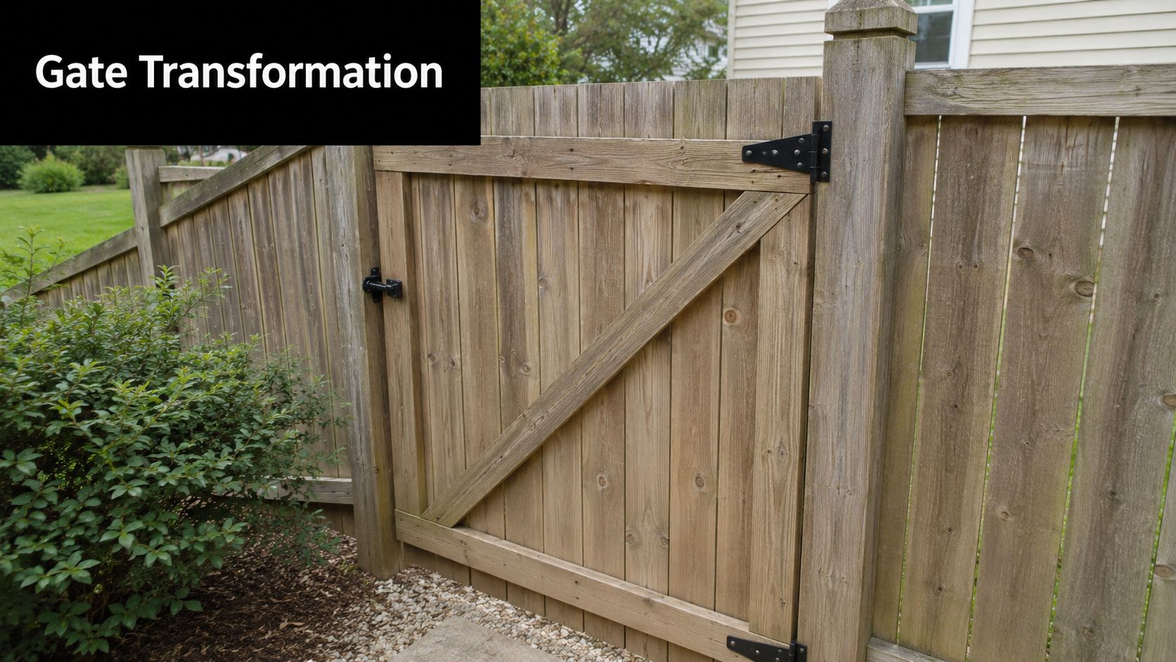 A close-up view of a wooden backyard fence gate with black hinges and a latch in sunlight.