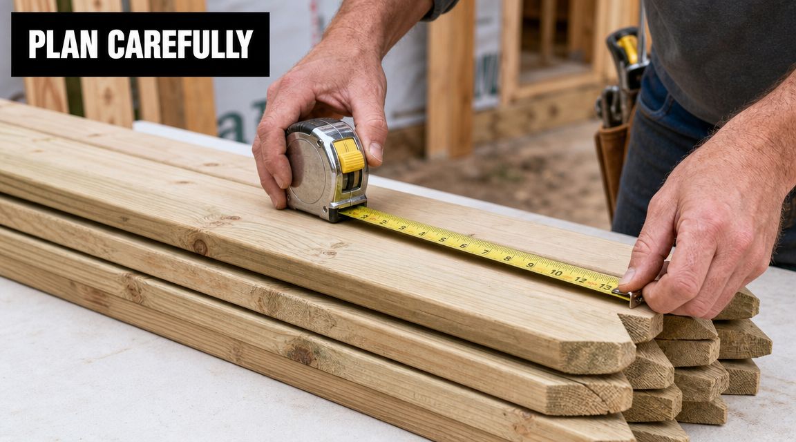 A person uses a tape measure to check the length of wooden fence pickets for construction.