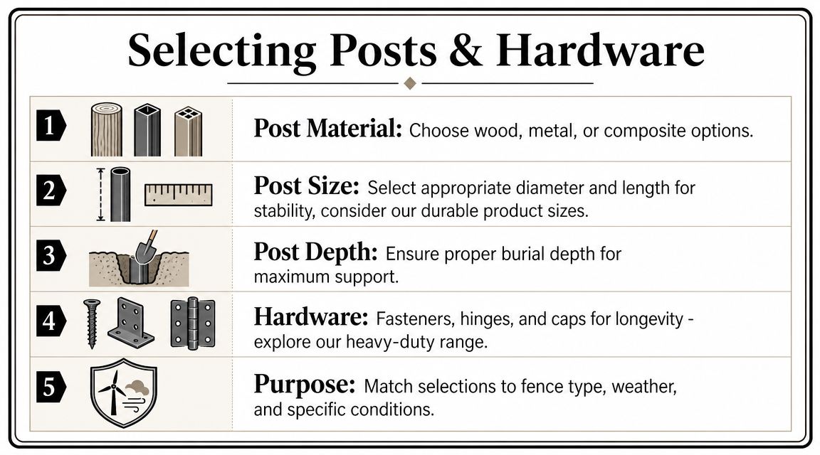 A guide listing five steps for selecting fence posts and hardware including materials, size, depth, and purpose.