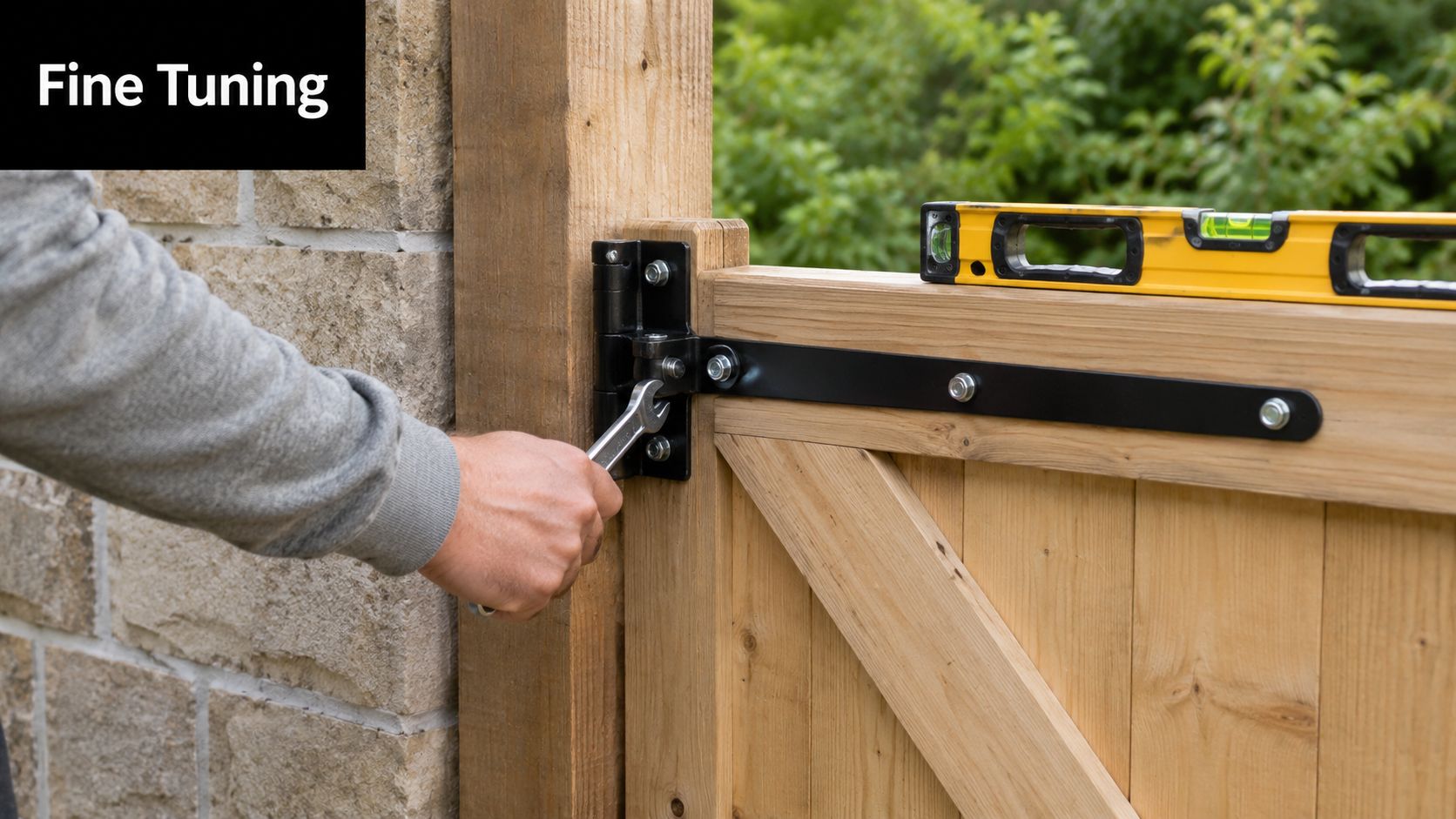 A person uses a wrench to adjust the metal hinge on a wooden garden gate.