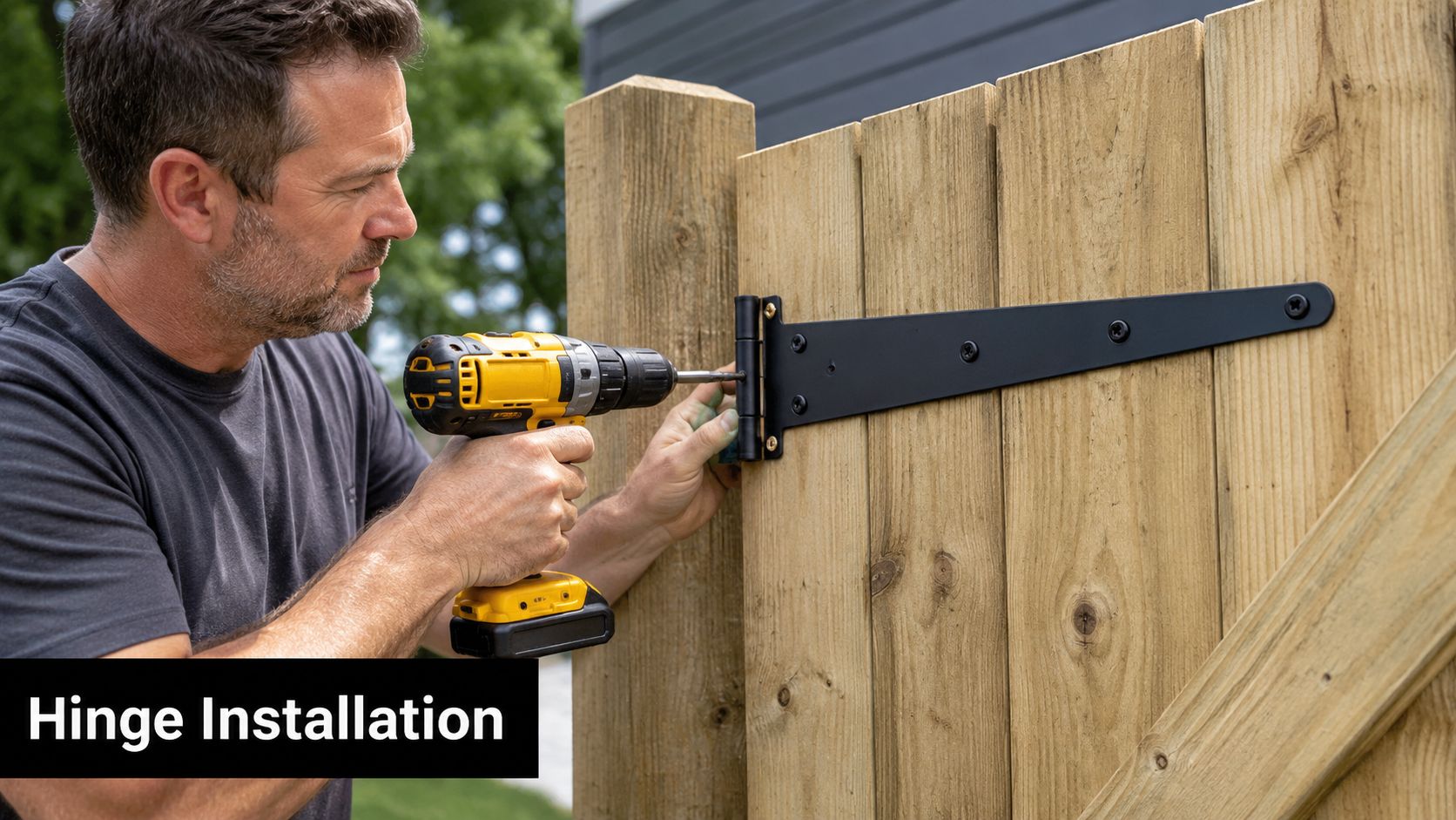 A man using a power drill to install a black metal gate hinge onto a wooden fence.