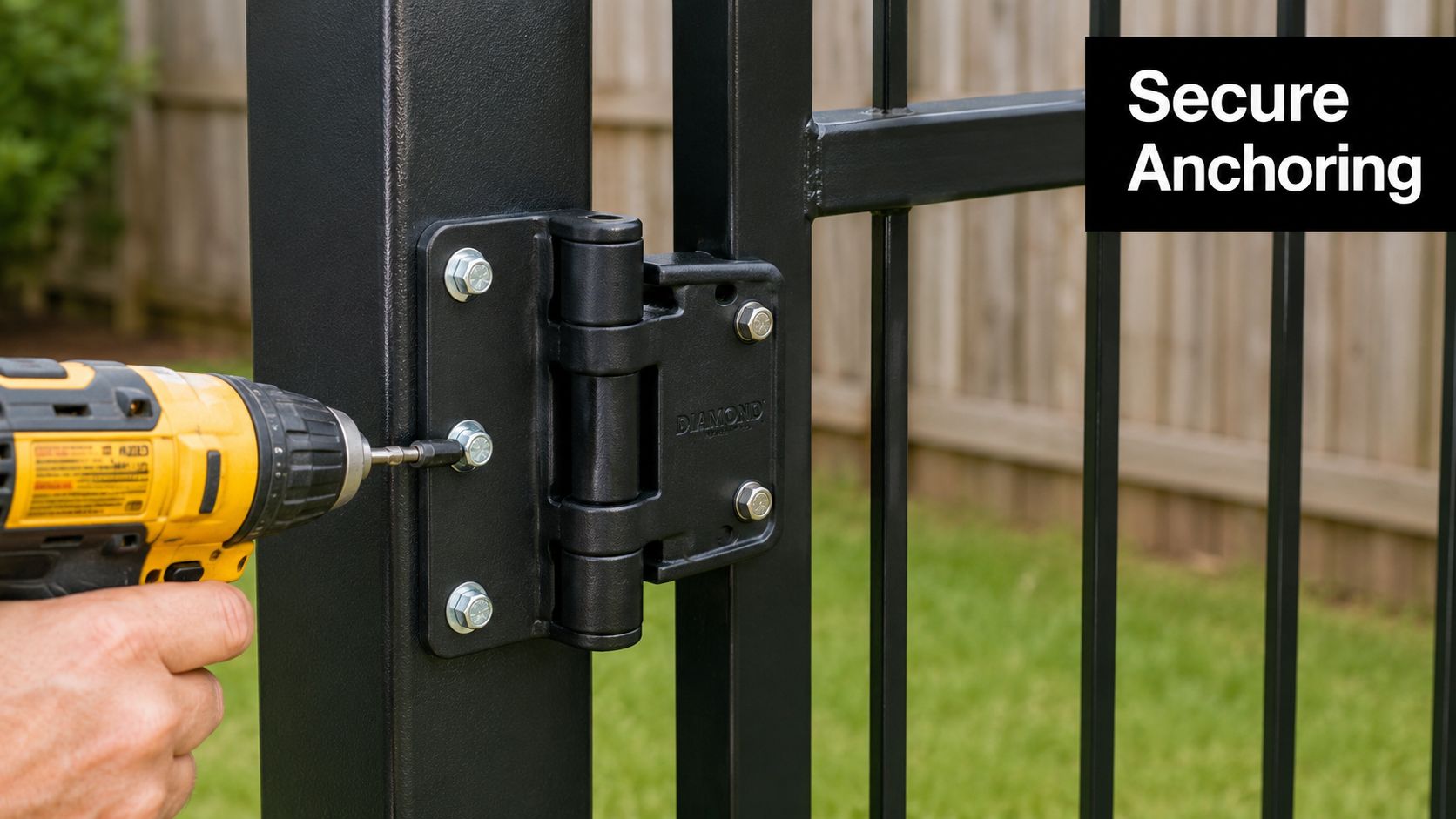 A worker uses a power drill to install a black metal gate hinge onto a fence post.
