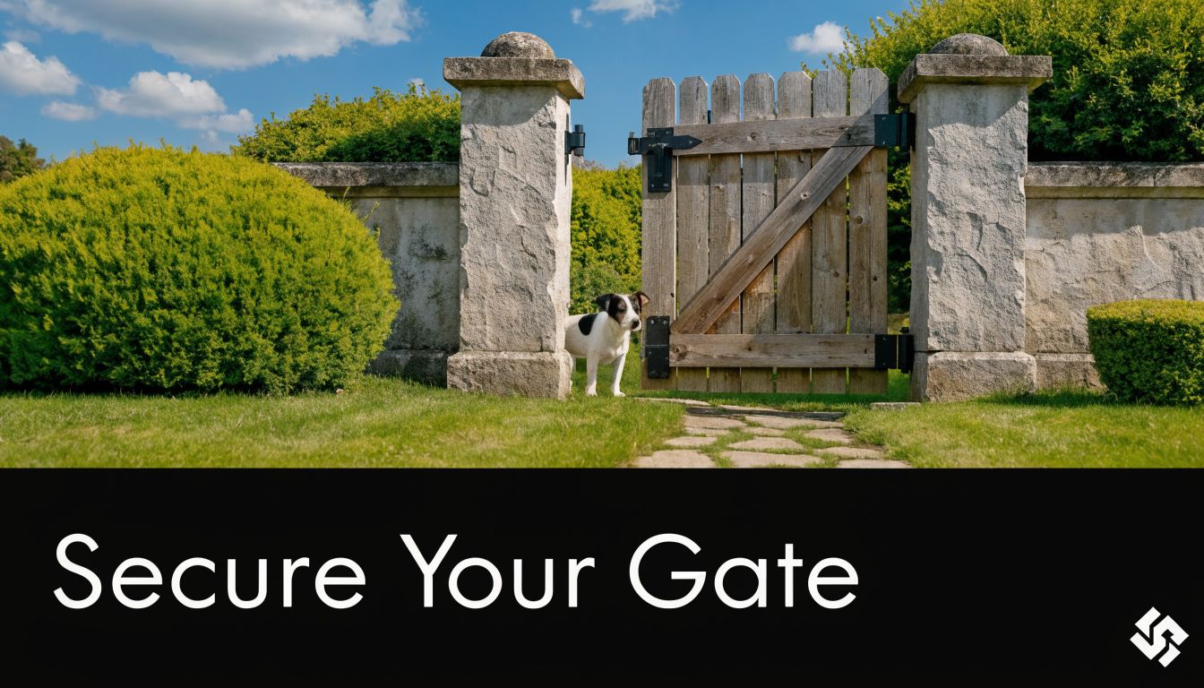 A small dog standing next to a wooden garden gate set between two stone pillars.