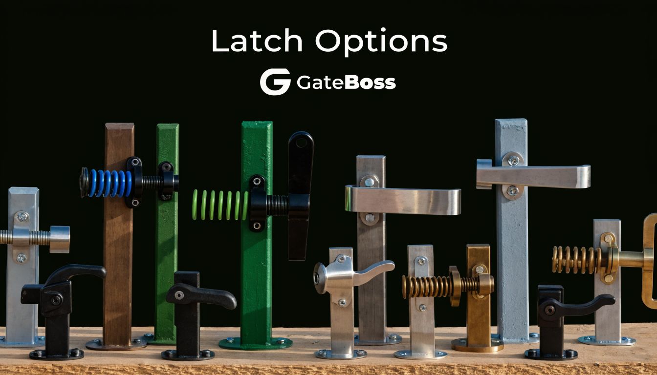 A display of various metal gate latches with springs and handles against a black background.