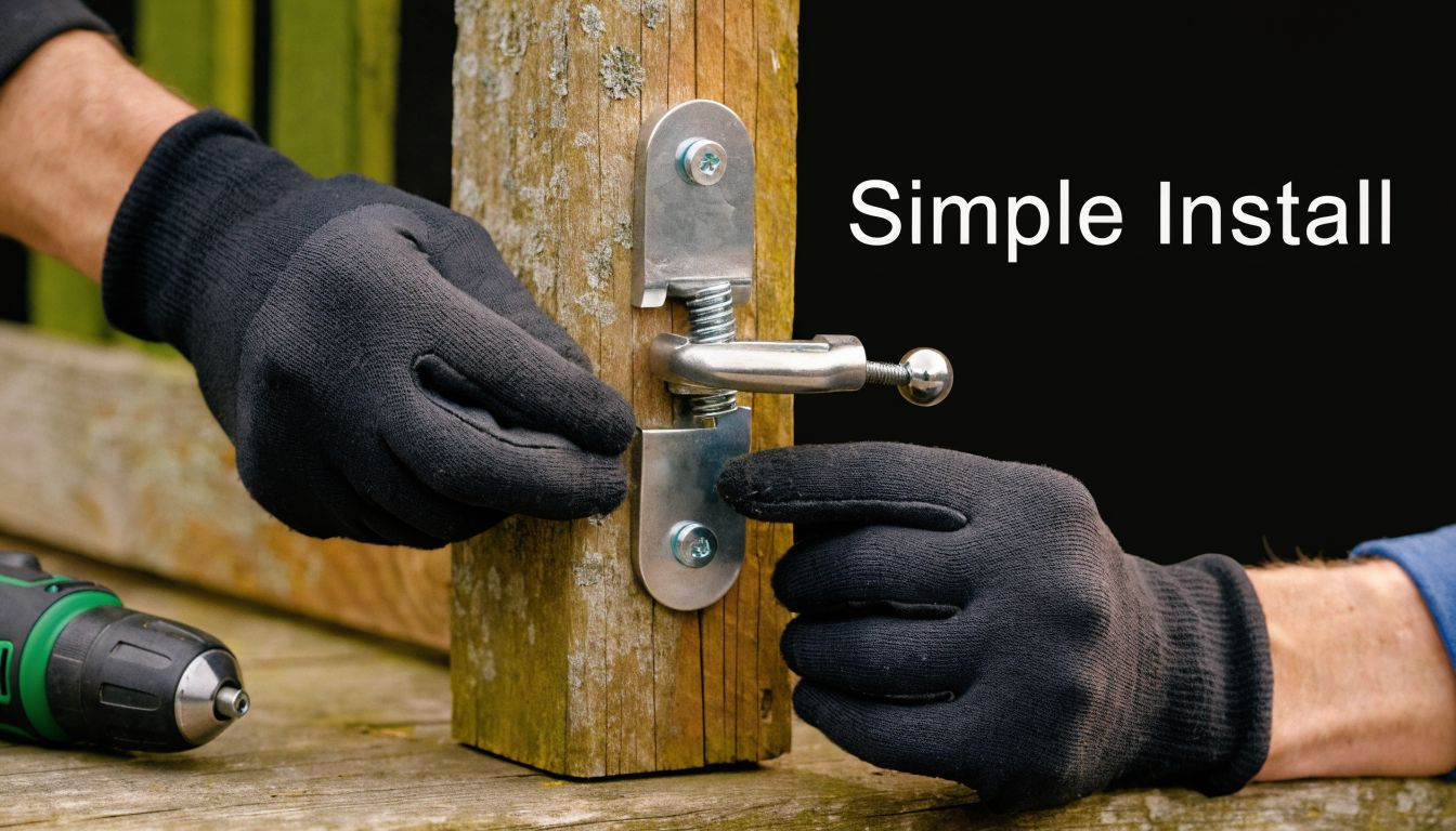 A pair of hands in black work gloves installing a spring-loaded metal gate latch on a wooden post.