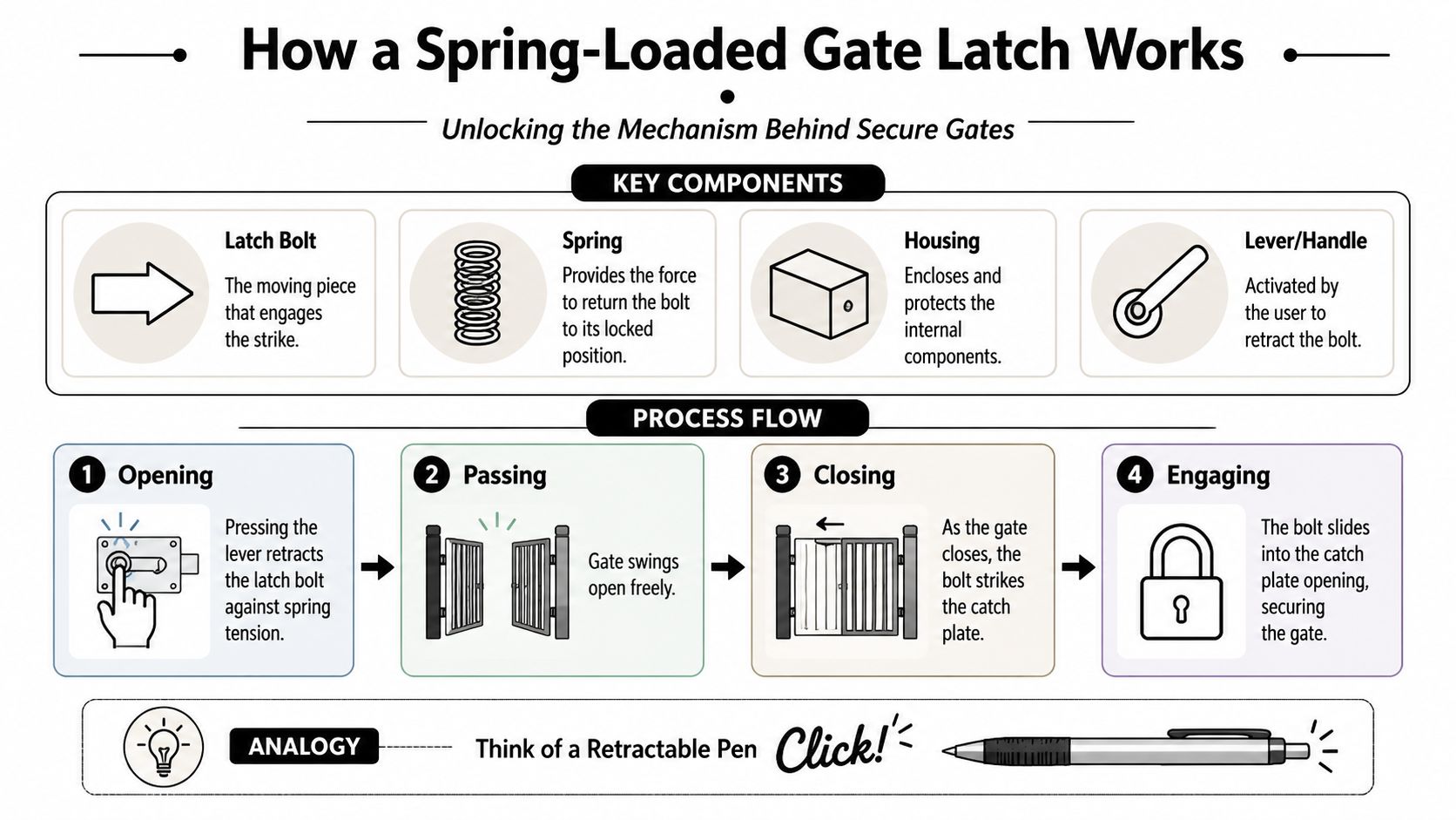 An infographic diagram explaining the mechanical process and components of a spring-loaded gate latch mechanism.