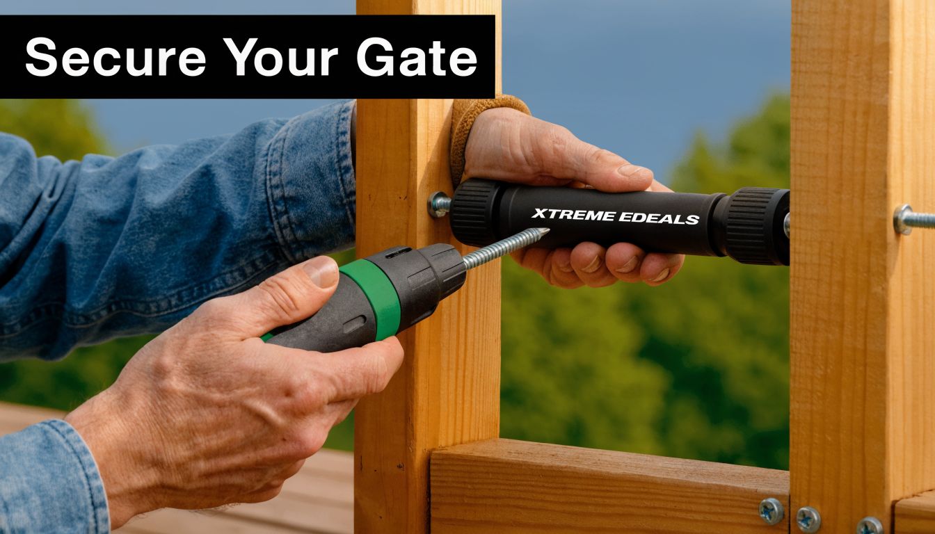 A person using a drill to install an Xtreme Edeals gate securing device on a wooden deck gate.