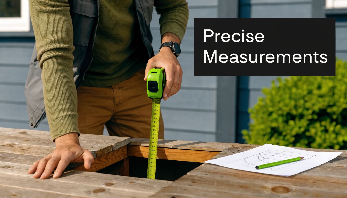A person using a yellow tape measure to check the dimensions of a wooden deck construction.