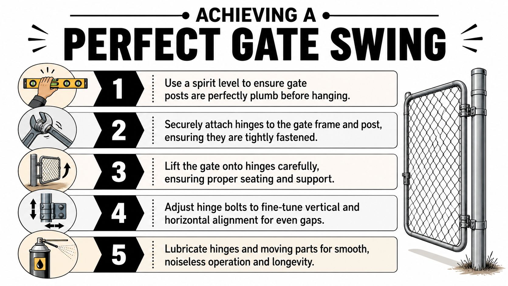 A five-step instructional guide on how to properly install and adjust a chain link fence gate.